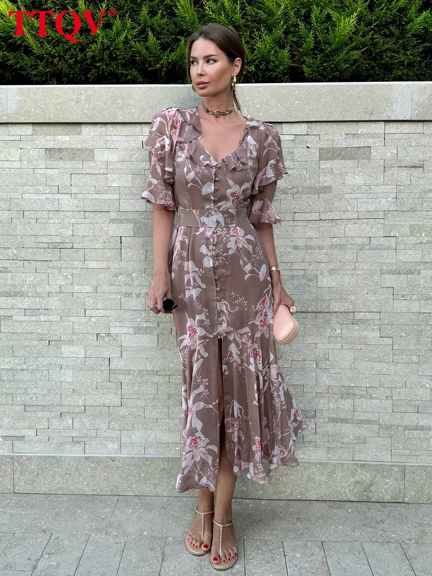 

TTQV Summer Loose Print Women's Dress 2026 Sexy V-Neck Short Sleeve Ankle Length Dresses Elegant Classic Ruffles Female Dress