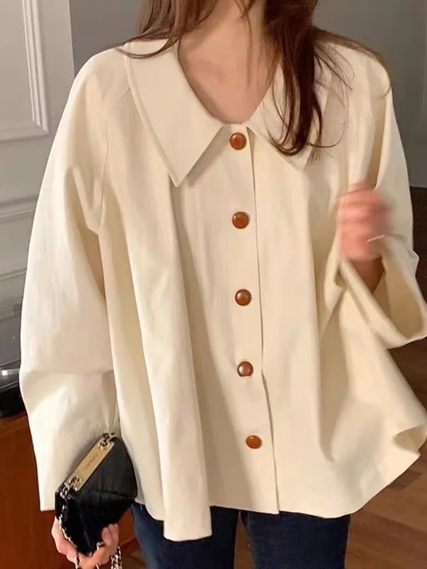 French minimalist lapel shirt for women's 2024 new casual versatile loose fitting shirt apricot age reducing long sleeved 3QTE