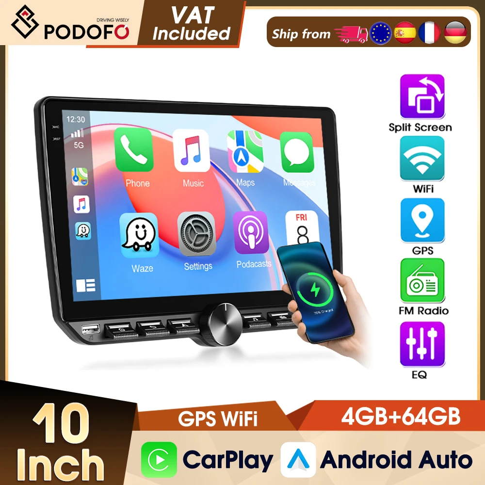 Podofo 2din 4+64G Universelles Autoradio Kabelloses Carplay Android Auto Mirror Link GPS WLAN Intelligentes Multimedia BT FM/RDS USB