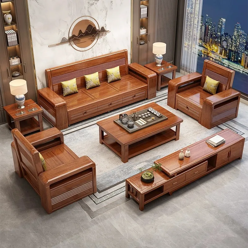 รุ่นใหม่ ห้องนั่งเล่นโซฟาไม้เนื้อแข็ง อพาร์ทเมนต์ขนาดเล็ก เตียงเจาะสามคน สไตล์จีนใหม่