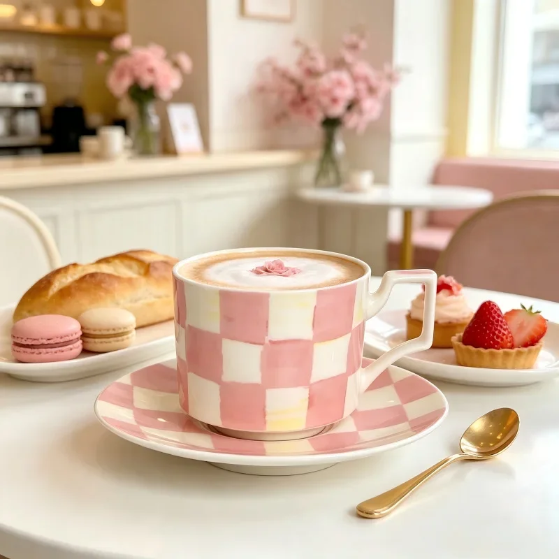 Nordic Checkered Ceramic Cup and Saucer Set, 210ml Light‑luxury Afternoon Tea Set in Black, Pink and Coffee for Home Use Gifts