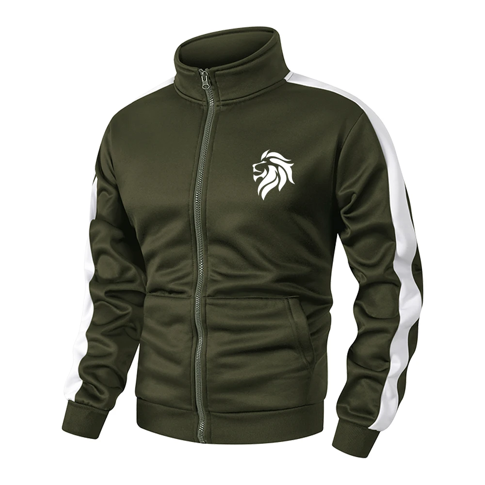 Men's Stand Collar Zip Up Jacket Casual Outerwear With Trendy Lion Print Multi Pocket Jacket For Outdoor Running And Commute