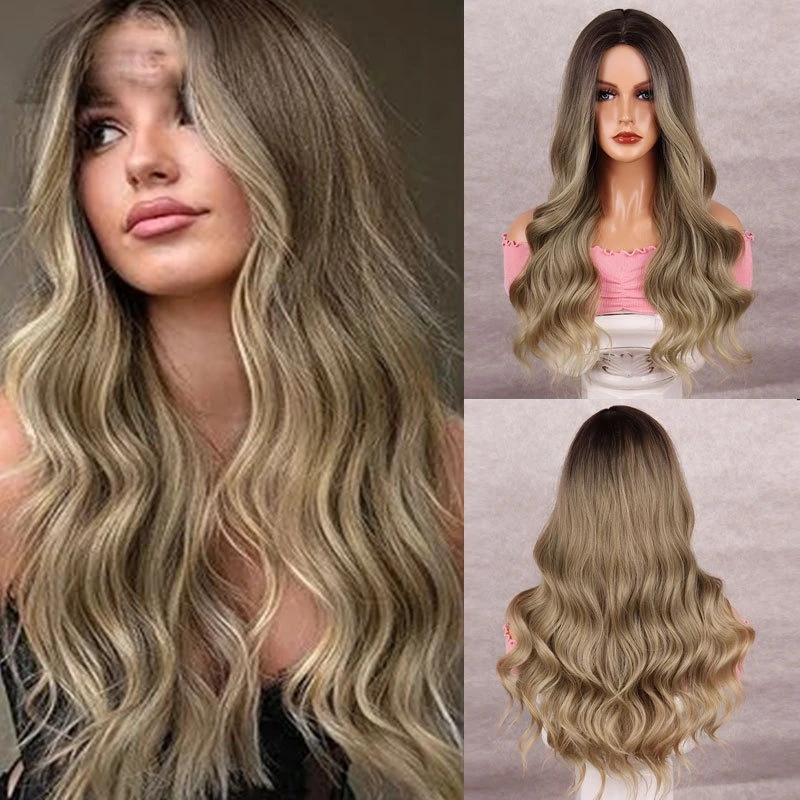 

European and American direct sales women's blond long curly hair Ruili temperament big wave chemical fiber wig