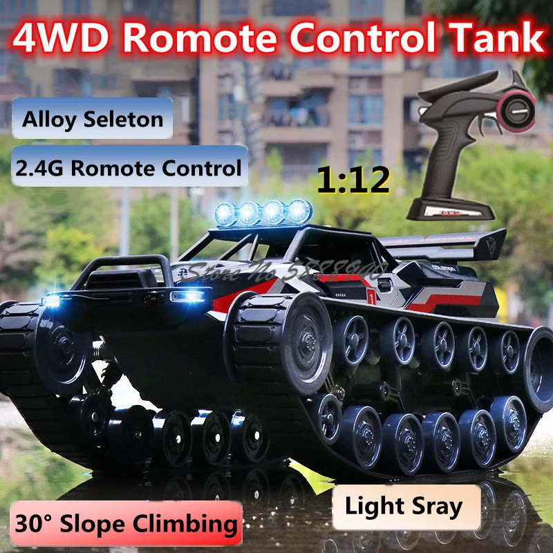 1: 12 Crawler Type Spray Remote Control Tank 2.4G Alloy LED Floodlight All Terrain High Speed Off-Road Radio Control Tank Car