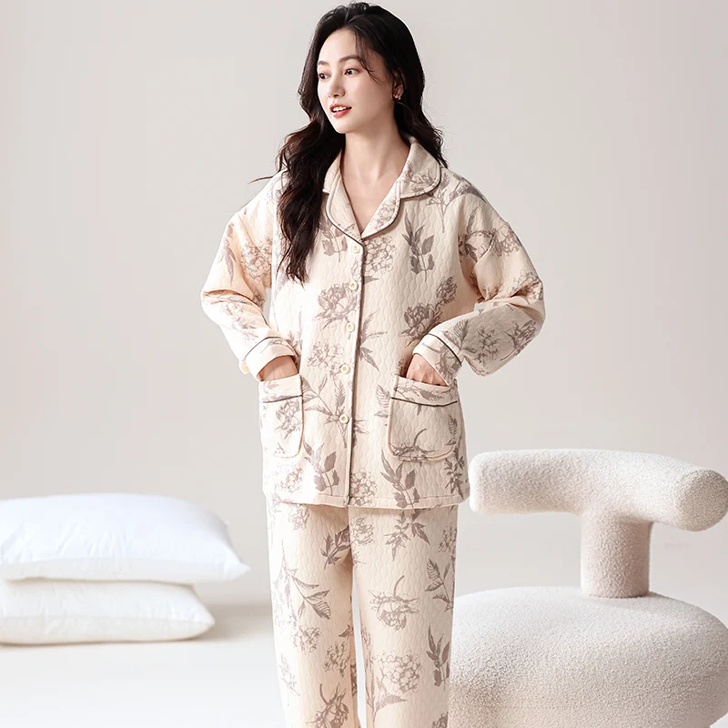 Women's Pajamas Set Autumn Winter Air Cotton Quilted Pyjamas Female Warm Thick Mezzanine Long Sleeve Pijamas Mujer Sleepwear