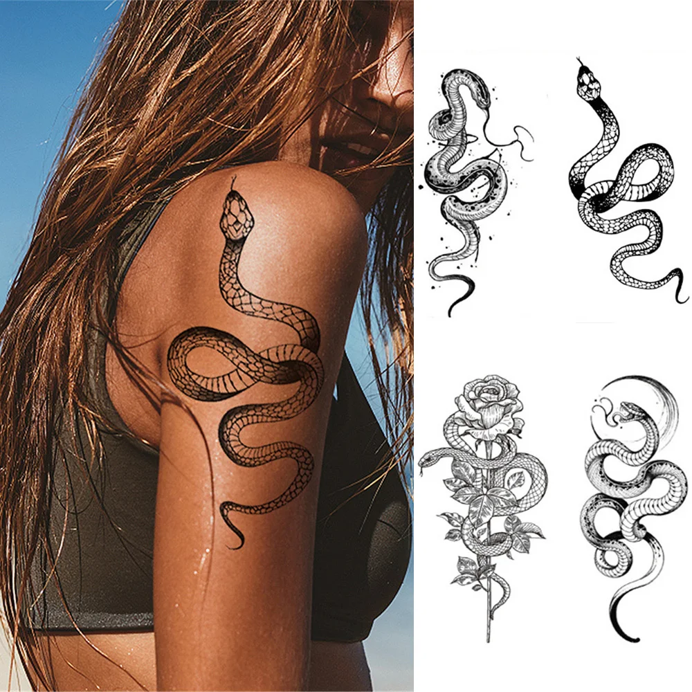 Tatuajes temporales de flor de serpiente para mujer, pegatina impermeable, fresca, estilo oscuro, transferencia de agua, tatuaje falso, accesorio de