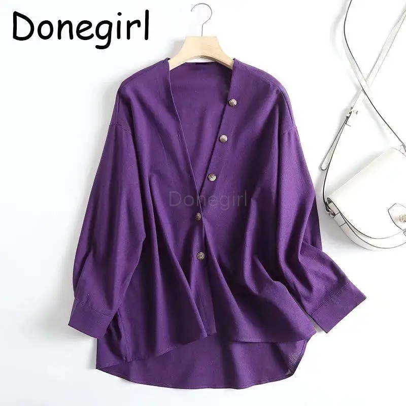 Donegirl 2023 Vrouwen Lente Zomer Mode Nieuwe Linnen Lange Mouwen Los Shirt Single Breasted Effen Casual Blouses Eenvoudige Tops Chic