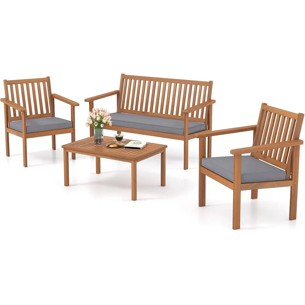 

Комплект деревянной мебели для патио, диван из дерева акации с диваном, 2 стула и журнальный столик, мягкие подушки для сиденья, уличная деревянная мебель S