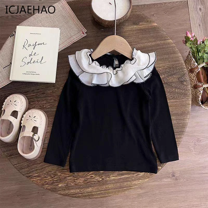 

Baby Girl Korean Base Long Sleeve Shirt Cotton Top Toddler Boutique Clothes Newborn Sweet Lace Collar Infant Japanese Outfit