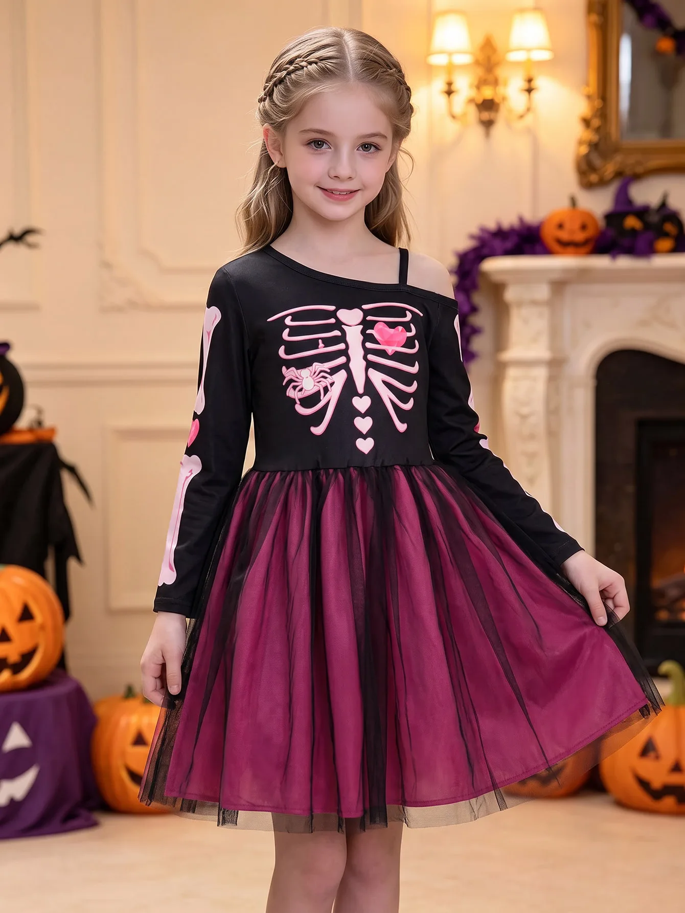 Girls Halloween Costume Sweet Cool Skeleton Print Puffy Skirt Dress Children's Party Performance Gown Dress