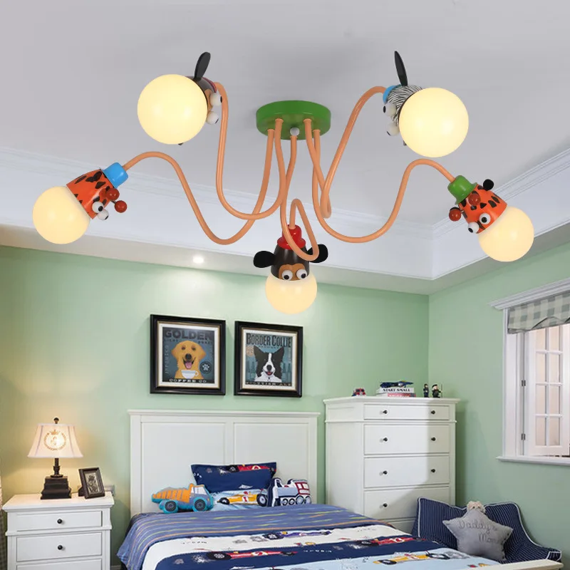 Creative Cartoon Ceiling Chandelier Lamp Animal Monkey Tiger Color Pendant Lights Boy Room Children\'s Room Bedroom Room Decor