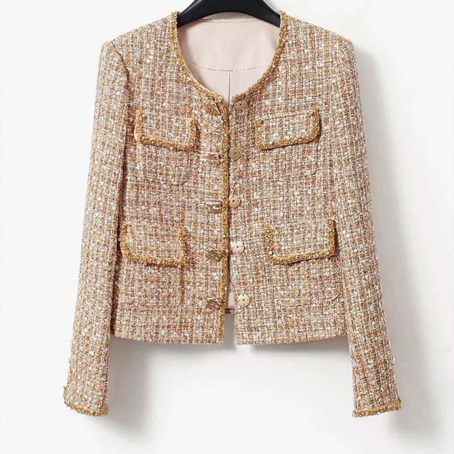 Xiaoxiangfeng 2026 Autumn New Style Elegant Round-neck Beaded Single-Button Coarse-Hemmed Wool Short Coat Cardigan Women
