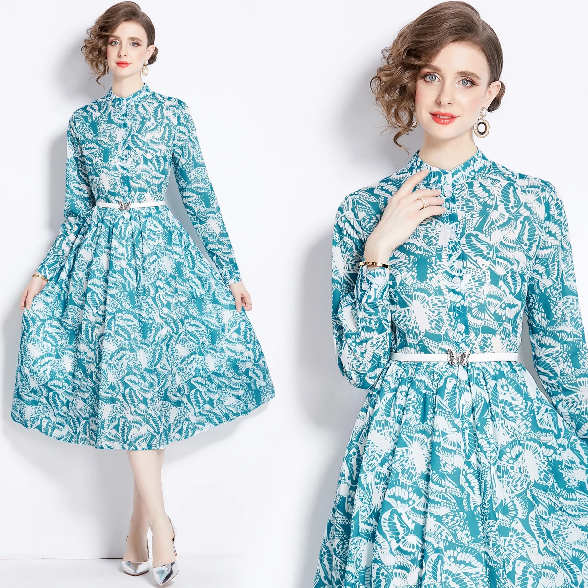 2024 Spring/Summer Printed Butterfly Long Sleeved Belt Slim Fit Dress  for Women  Vintage Rural Skirt