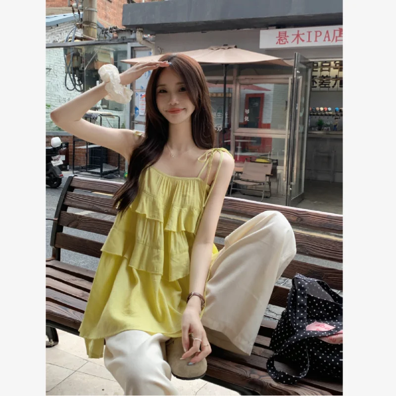 

Ruffles Blouse Women Summer Female Top Sleeveless Spaghetti Strap Fashion Shirt And Blouse Solid Korean Elegant Y2k Clothes 2025