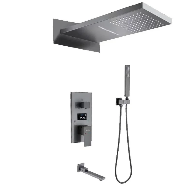 #Hidden Wall-Mounted Full Copper Shower Set, Waterfall LED Display, Thermostatic, Modern Minimalist Bathroom Fixture