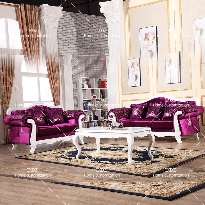 Solid Wood Carved Fabric Sofa 3 Seater for Living Room Small Apartment High End Beauty Salon Furniture