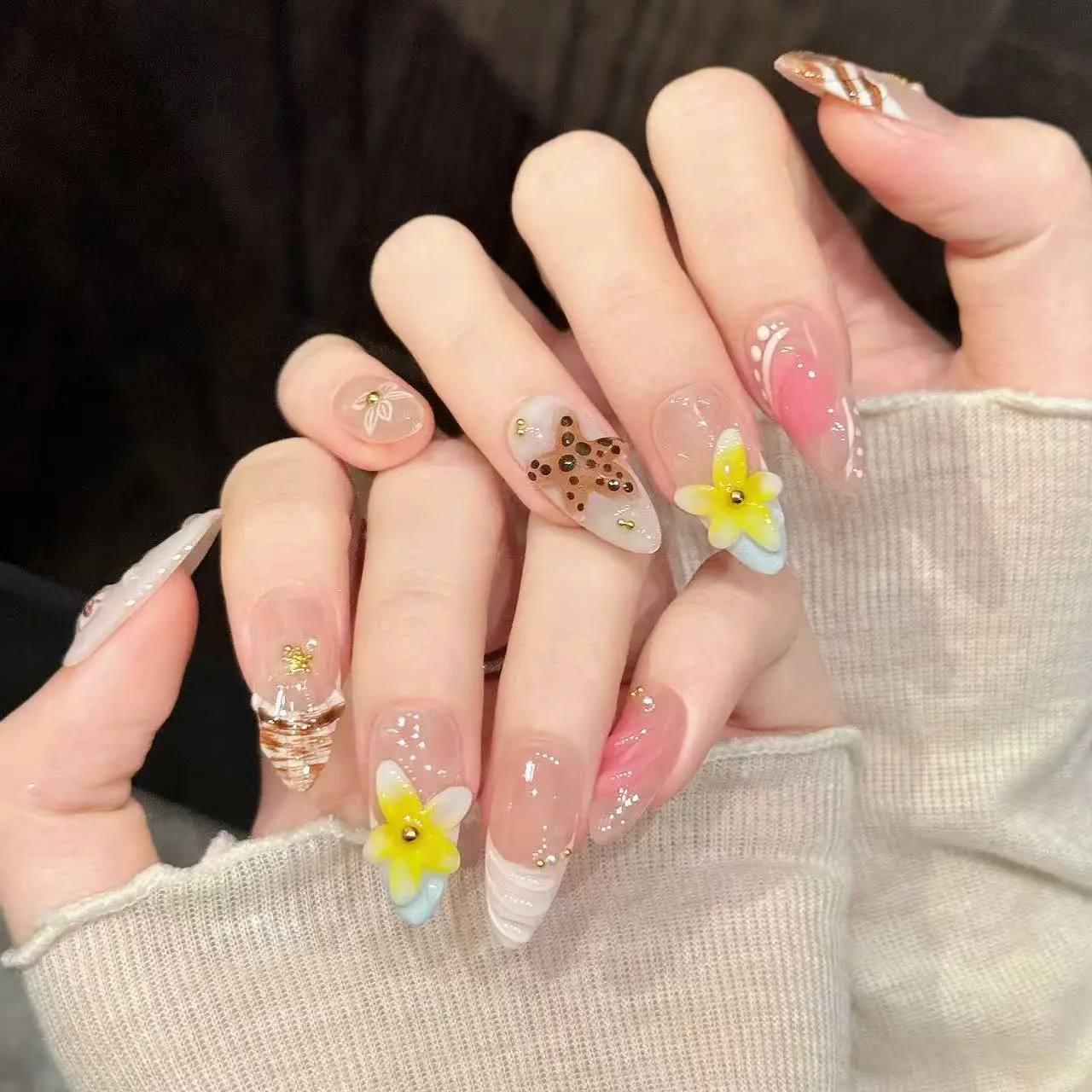 10PCS Almond Handmade Press On Nails,Fresh Oceanic Style,Suitable For Festivals Parties And Daily Wear.