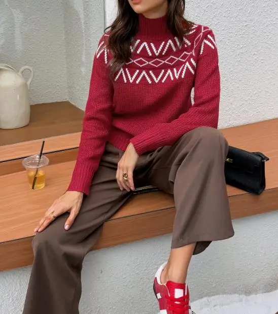 سترة نسائية ذات رقبة عالية وأكمام طويلة، سترة خريف وشتاء، نمط مريح، ملابس تريكو غير رسمية #4