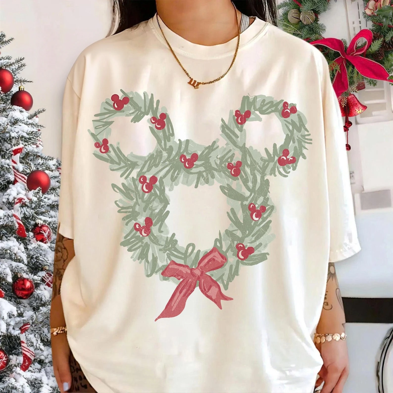 American Retro Christmas Wreath with Mouse Print Cotton Y2K T-shirt MenWomen High Street Daily Casual T-shirt Kids Halloween Top