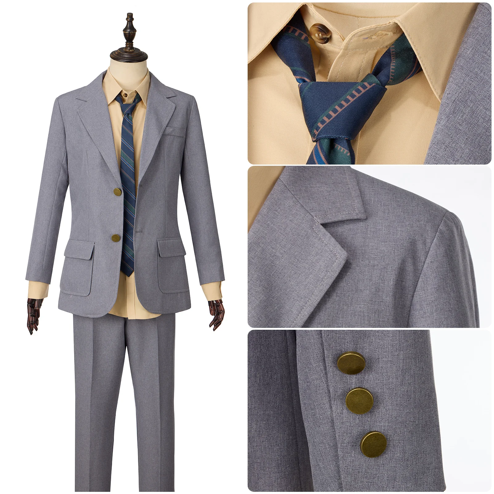 Anime The Clown Grey Suit Cosplay Costume for Men Jacket Pant Champagne Color Blouse Daily Outfit for Halloween Carnival Party