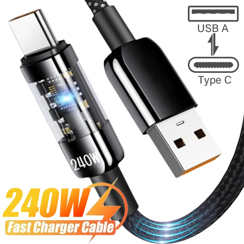 노트북 태블릿용 투명 240W USB A to C 타입 케이블, 삼성 화웨이 샤오미 POCO PD 고속 충전, 10A USB C 타입 데이터 코드