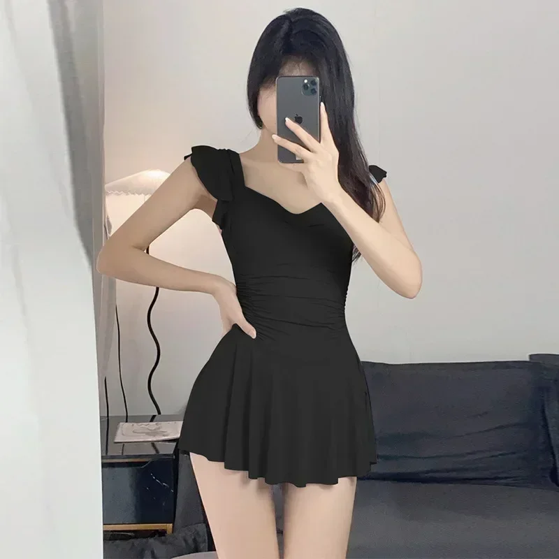 One-Piece Swimsuit Women Korean Conservative Dress Style Slimming High Waisted Swimwear Beach Holiday Bathing Suit
