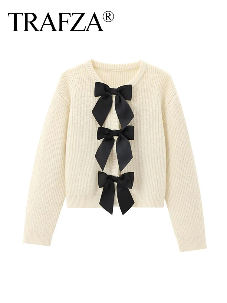 TRAFZA 2024 Female Casual Knitted Sweaters Solid O-Neck Long Sleeve Bow Decorate Single Breasted Autumn Cardigans Woman Trendy