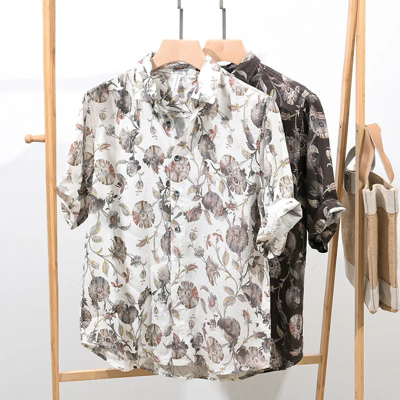 Hong Kong style summer cool short-sleeved casual shirt men's fashion printed five-point sleeve shirt trend