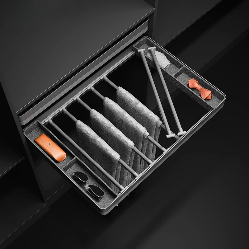 ワードローブプッシュプルパンツラック クロークルーム内蔵伸縮式パンツラック 多機能緩衝ダンピング衣類収納バスケット