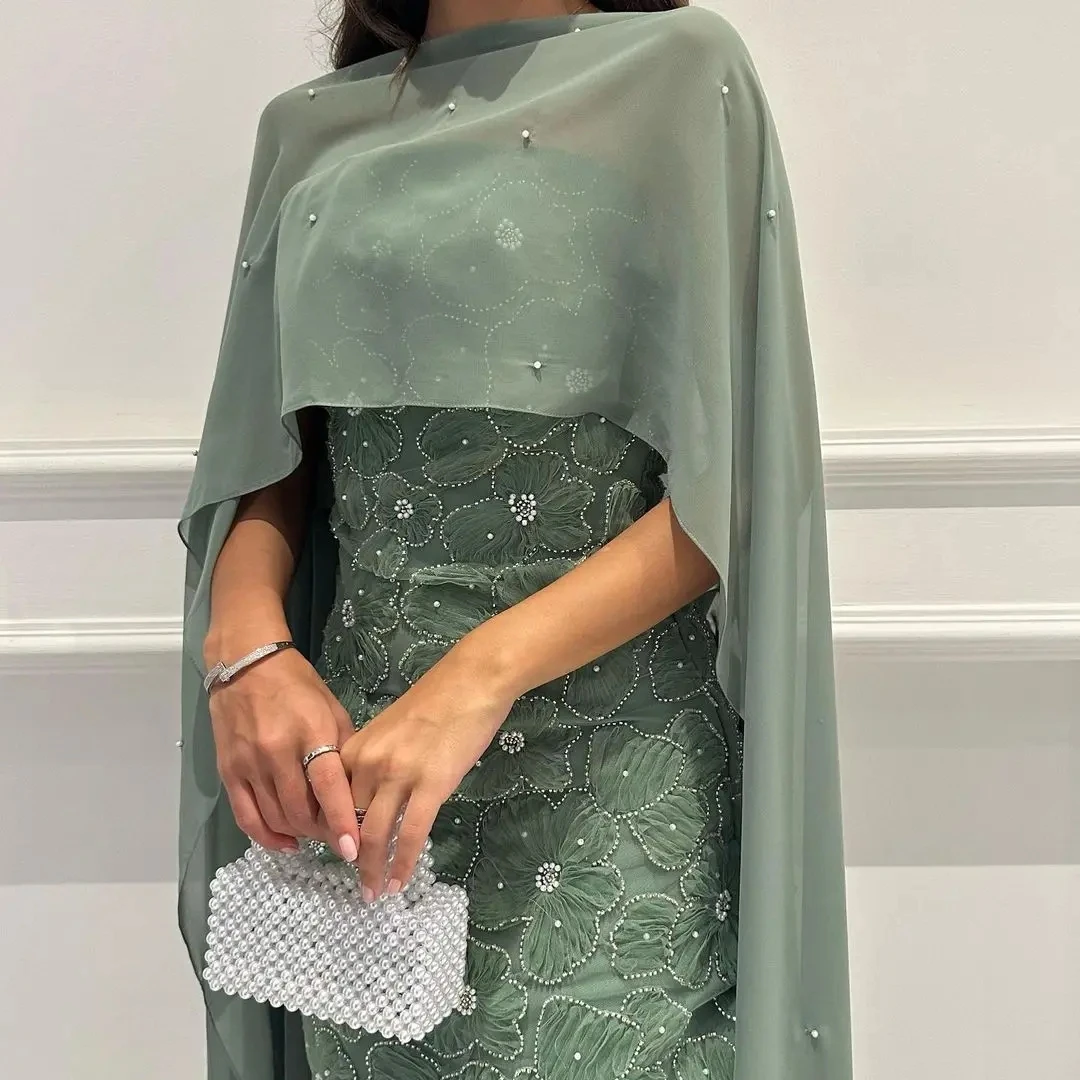 Green Gorgeous Evening Dress Beadings 3D Flowers Prom Dresses With Cape Saudi Arabia Women\'s Formal Occasion Party Dresses