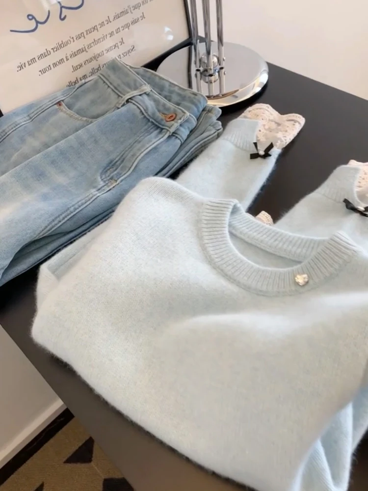 الخريف الشتاء شيك اللون بلو تصميم طويل Sve Camere سترة مستديرة Ne overhead الدافئة محبوك أعلى الدانتيل الربط تحسس F... #5