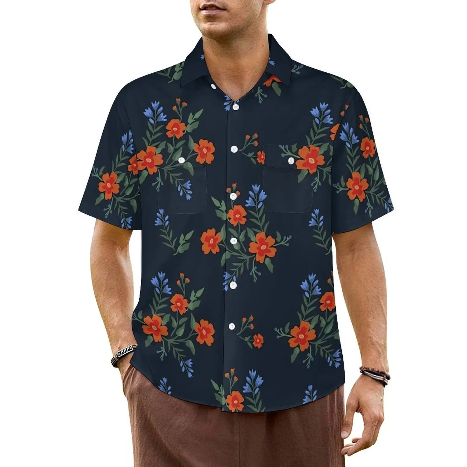 

Ditsy Floral Vacation Shirt Red Flowers Print Hawaiian Casual Shirts Male Elegant Blouses Short Sleeve Street Graphic Clothing