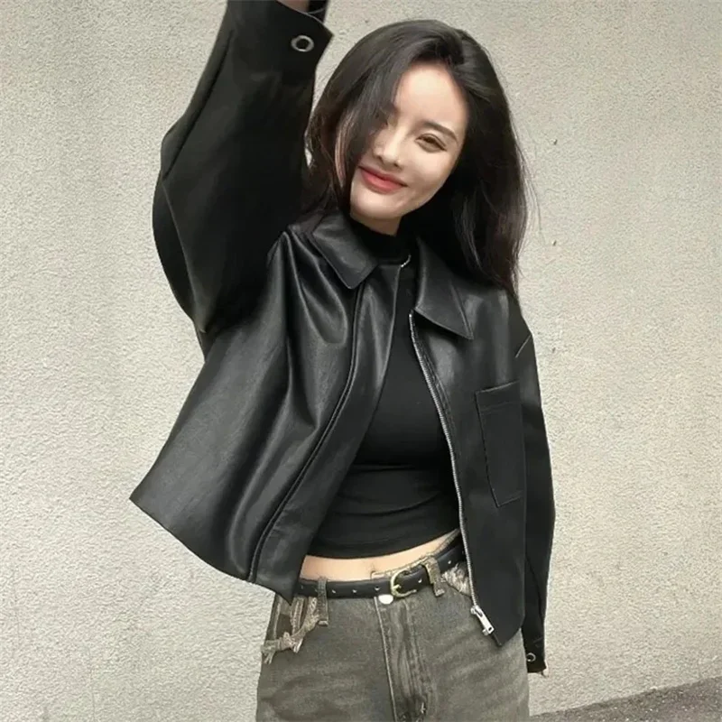 Frühling Neue Koreanische Mode PU Jacke Für Frauen Schwarz Kurze Faux Leder Mantel Weibliche Trend Retro Chic Oberbekleidung Leder Jacke