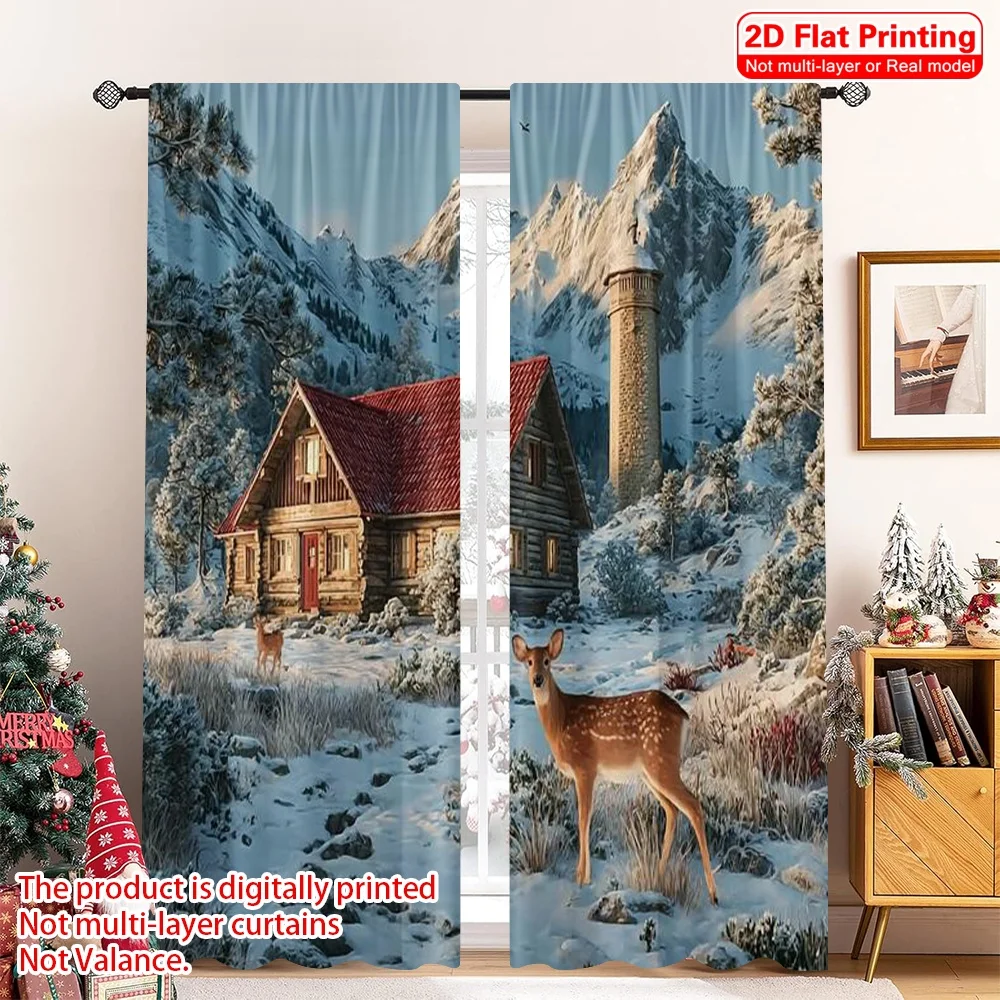 

2pcs 2D flat printing Merry Christmas Scene Curtains Cardinal Deer Fabric Without Electricity Family Party Decoration Use for