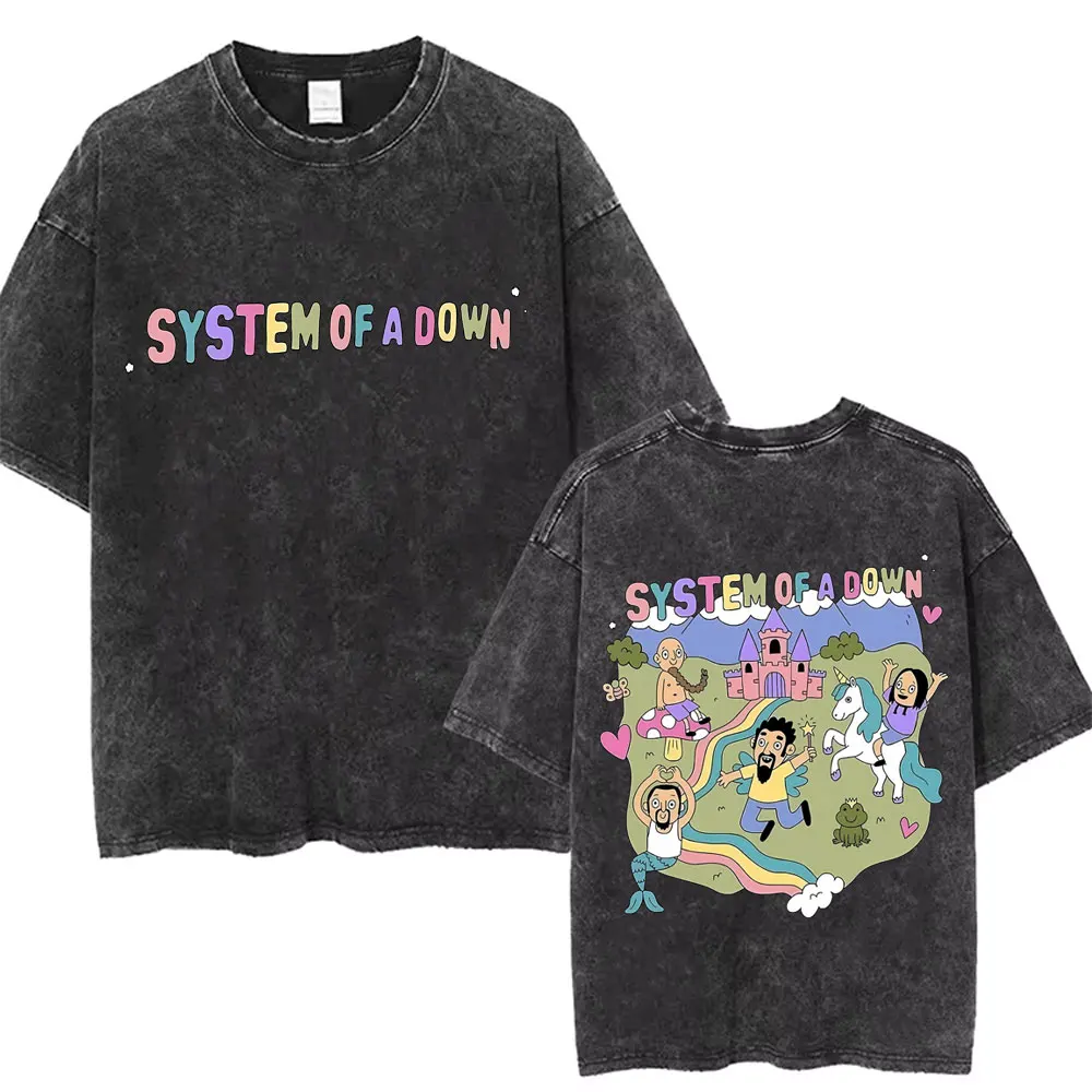 

Washed Vintage System of A Down Tshirt Men Women Cotton Quality Short Sleeve Tees Male Rock Music Band Cartoon Graphic T Shirts