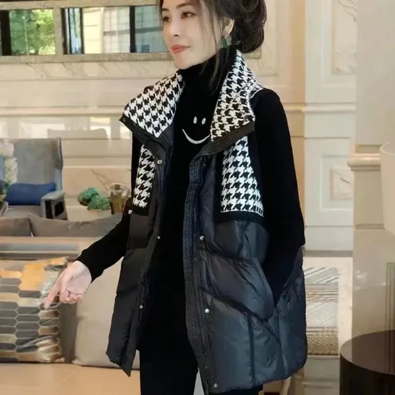 New Womens Plaid Splicing Down Cotton Vest Coat Autumn Winter Black Sleeveless Cotton Jacket Female Casual Warm Puffer Waistcoat