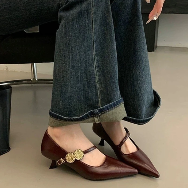 

Pointed Toe Thin Heel 2026 New Women's Shoes Spring Commuter Versatile Low Cut Strap Korean Style Flat Bottom Rubber Sole