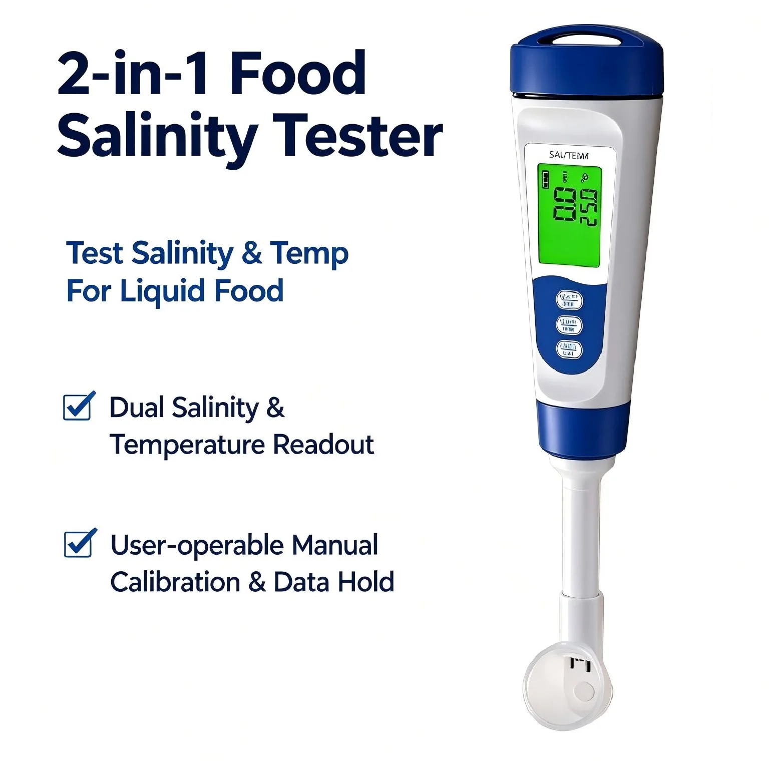 Handheld Food Salinity & Temp Tester for Soup Sauce Cooking, Compact Salt Meter for Home Kitchen, Simple to Use Daily