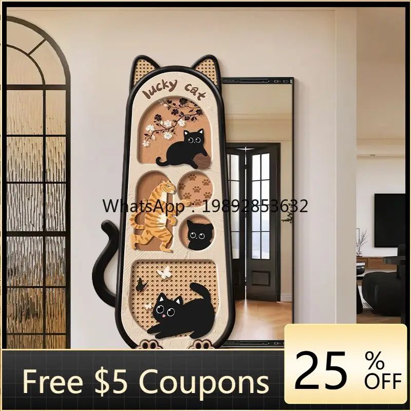 1LYY French  Entrance Decorative Painting Cartoon Cat Vintage Style Dressing Mirror Hidden Sliding Full-Length Concealed