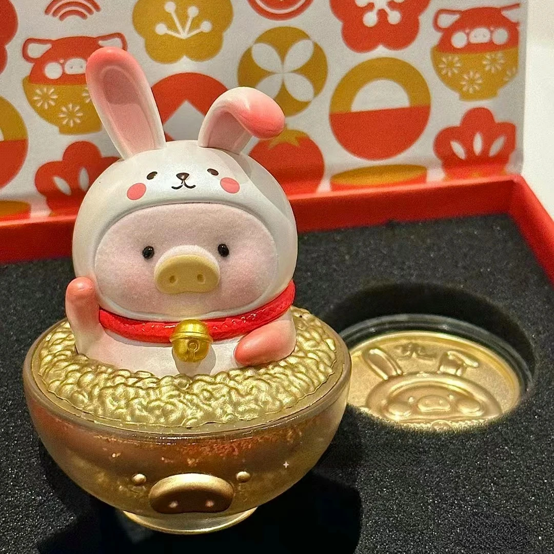 2023 Lulu Pig Gold Bowl Bunny Year Action Figure Rabbit Piggy Lucky Ornament Food Miniature Designer Toys Collections Girlfriend