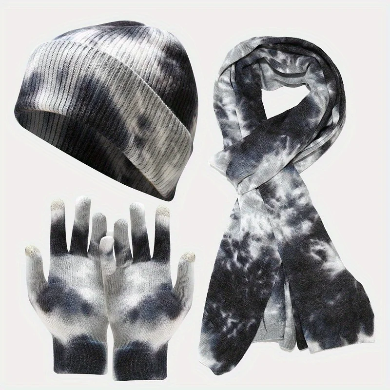 Tie Dye Knit Set 3Pcs Hat Gloves Scarf For Women Autumn Winter Outdoor Cold Protection Fashion Accessories