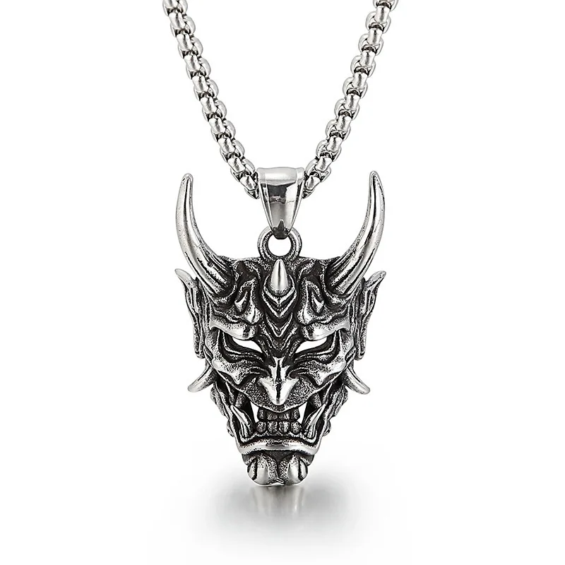 Fashionable Golden Horn Prajna Ghost Warrior Mask Pendant Stainless Steel Necklace For Boys And Girls Retro Hip-Hop Accessories