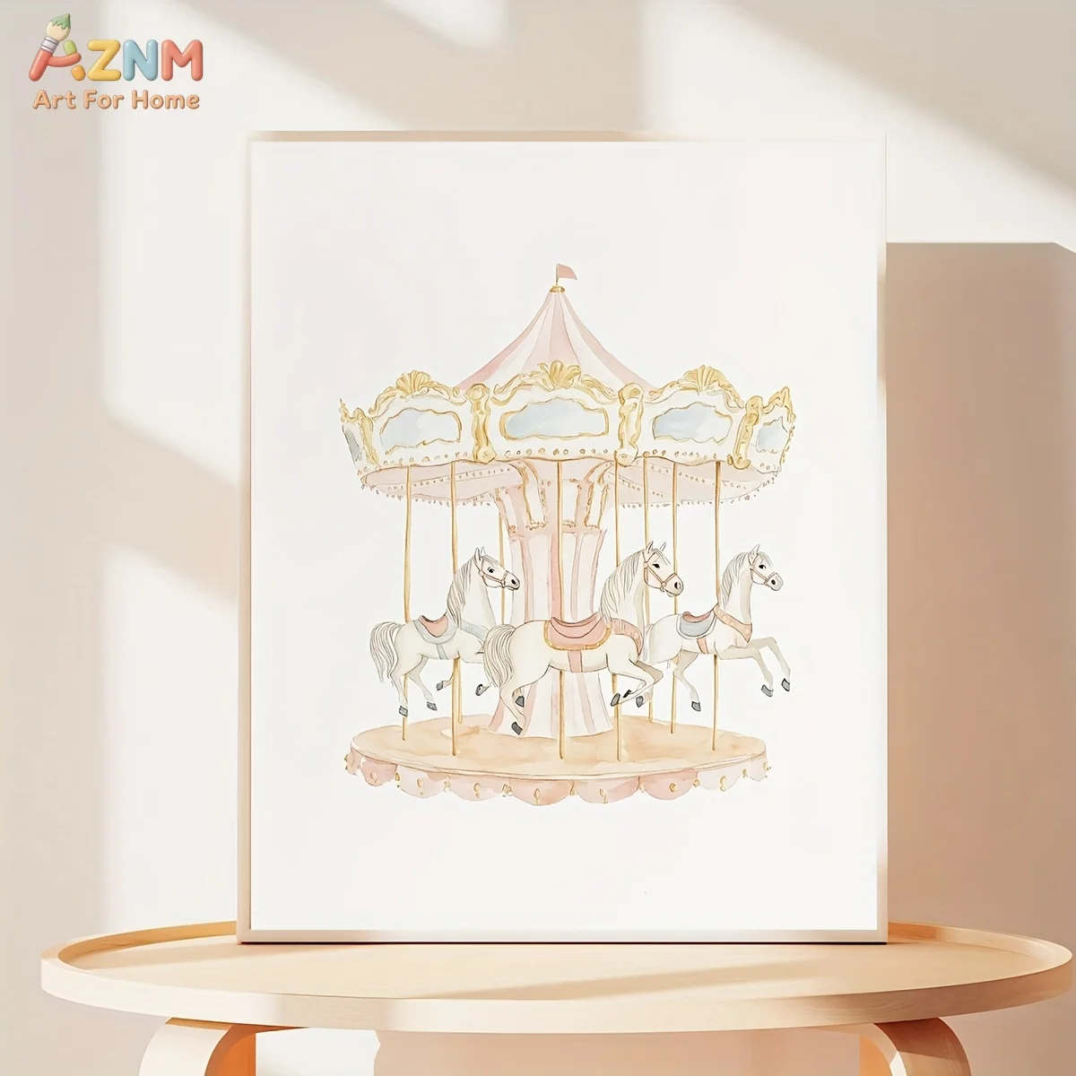 AZNM Watercolor Pink Carousel Canvas Print, Cute Merry Go Round Horse Illustration Wall Art, Frameless Canvas Painting for Nurse