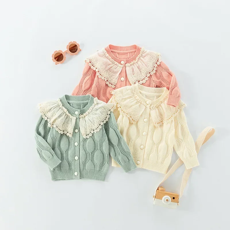 Baby Girls Sweaters Texture Knitted Jacket Girl 2024 New Autumn Outfit Children Lace Collar Solid Color Cardigan Sweaters