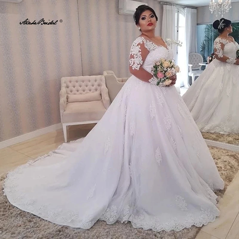 فساتين زفاف مقاس كبير مزينة بالدانتيل وأكمام طويلة بأربطة من الخلف فساتين زفاف العروس رداء دي ماري #1