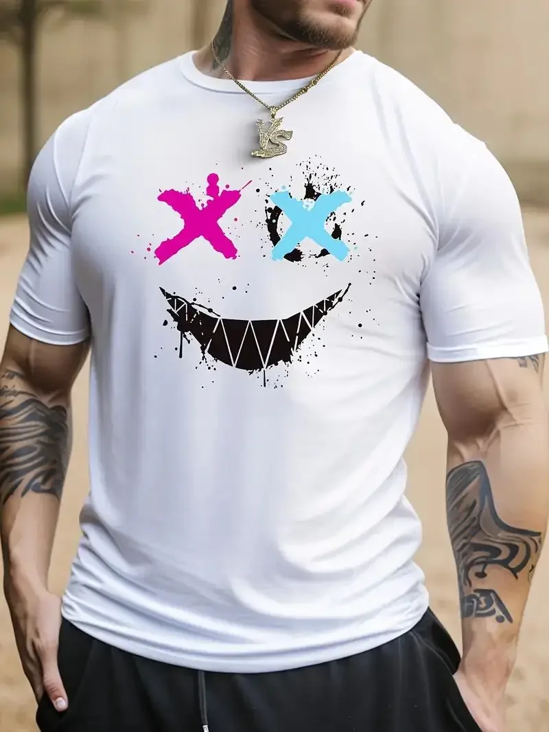 Cross Eyes Smile Face Print, Men\'s Graphic T-shirt, Casual Comfy Tees Tshirts for Summer, Men\'s Clothing Tops