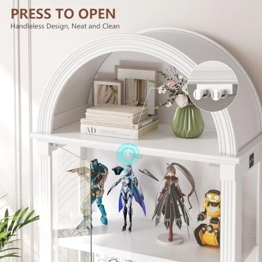 Arched display cabinet for living room, tempered glass doors, white finish, human sensor LED lights, 4-tier curio cabinet for c view 3