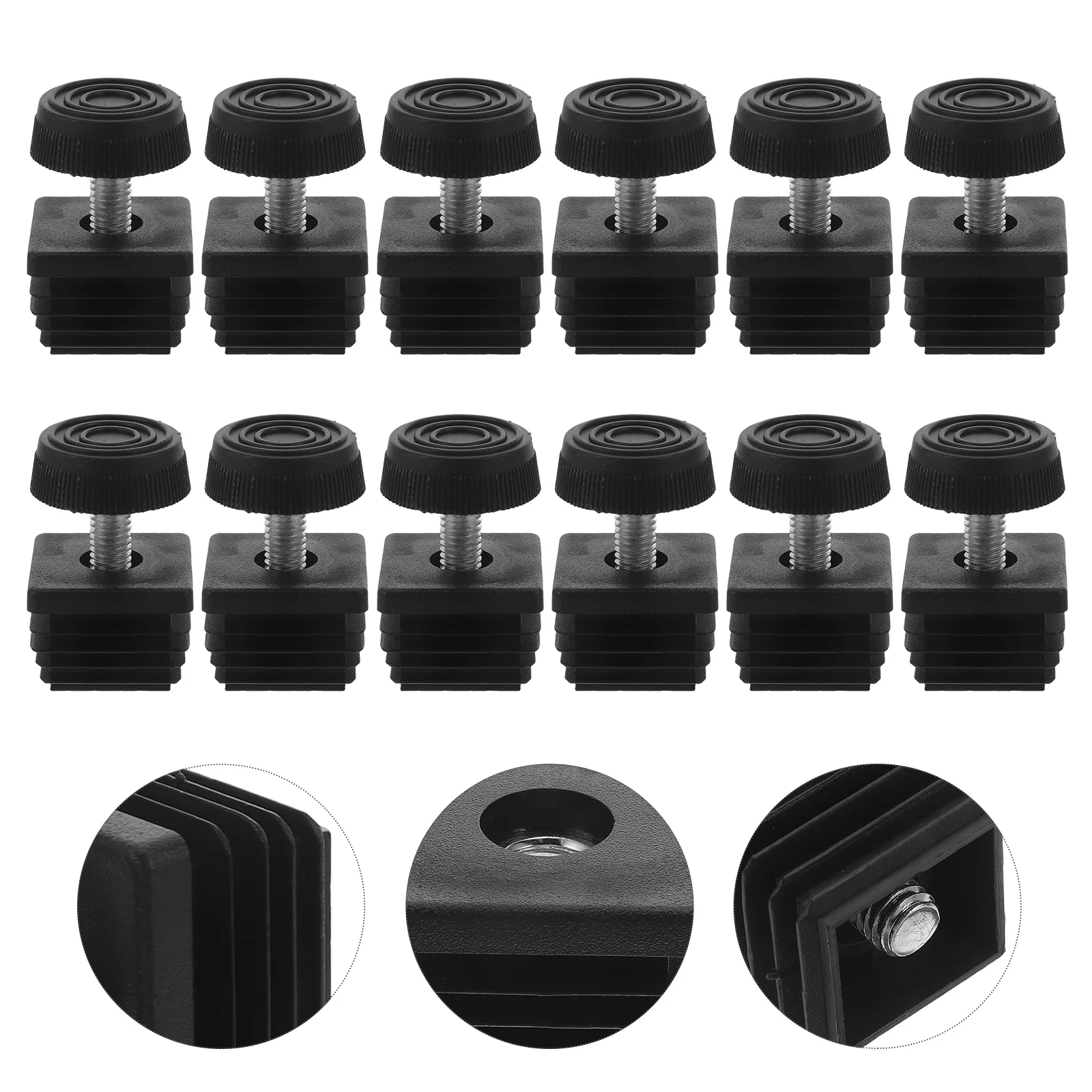 

12Pcs Office Desk Chair Foot Levelers Adjustable Square Insert Furniture Feet Screw on Table Leg Protectors Black Metal Floor