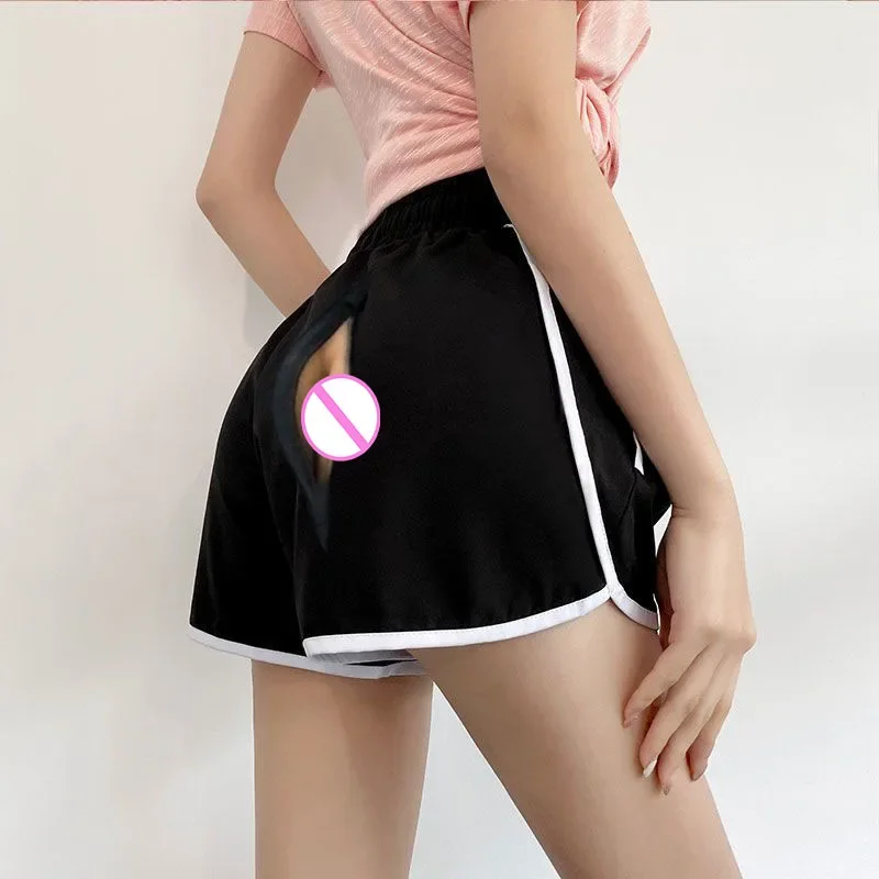 Invisible Open Crotch Outdoor Sex Pants Women 2 in 1 Run Shorts High Waist Athletic Biker Short Exercise Gym Workout Hotpants