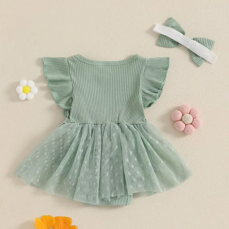 여아용 메쉬 스커트 바디 수트, 반팔 O넥 플라워 단색 점프수트, 활 포함, 0-18 개월 여름 옷